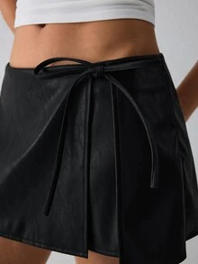 ATUI Studio 女款 PU 純色綁帶日常外出派對夜店裙褲 Ibiza 簡約黑色返校季夏季過渡穿搭必備 內斂性感休閒 - 黑色 - 查看 2