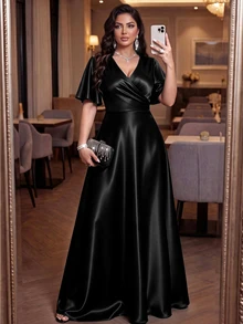 SHEIN Lady CURVE Đầm dạ hội size lớn phong cách vintage thanh lịch, xếp ly đan chéo, màu đen, cho tiệc tối trang trọng, tiệc cưới, mùa hè - màu đen - Xem 6