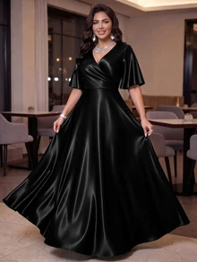 SHEIN Lady CURVE Đầm dạ hội size lớn phong cách vintage thanh lịch, xếp ly đan chéo, màu đen, cho tiệc tối trang trọng, tiệc cưới, mùa hè - màu đen - Xem 3