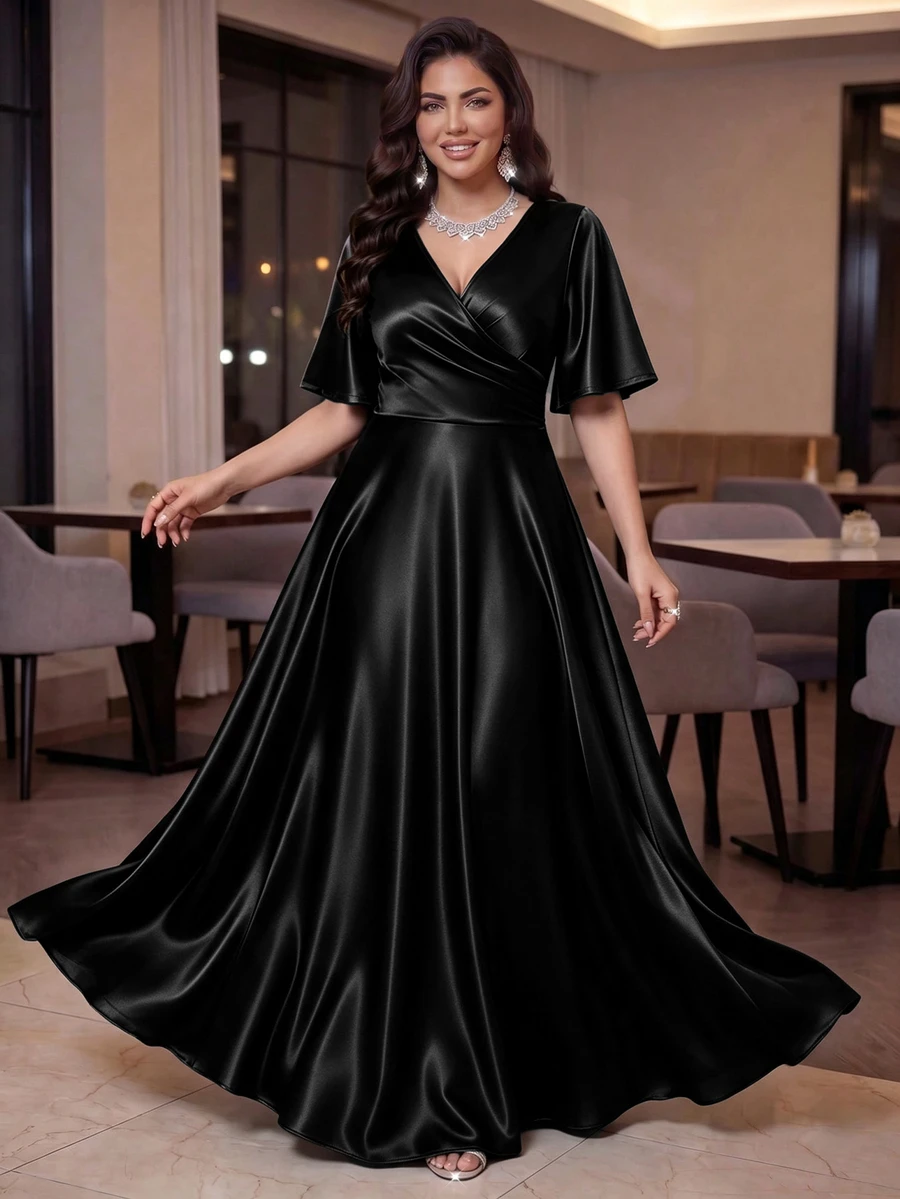 SHEIN Lady CURVE Đầm dạ hội size lớn phong cách vintage thanh lịch, xếp ly đan chéo, màu đen, cho tiệc tối trang trọng, tiệc cưới, mùa hè - màu đen - Xem 1