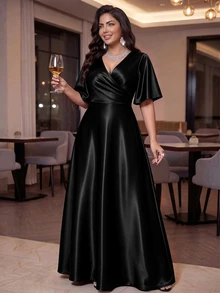 SHEIN Lady CURVE Đầm dạ hội size lớn phong cách vintage thanh lịch, xếp ly đan chéo, màu đen, cho tiệc tối trang trọng, tiệc cưới, mùa hè - màu đen - Xem 5