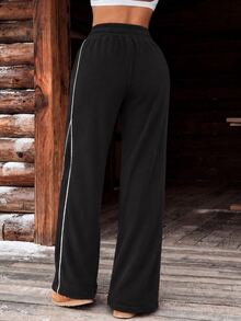 StreetHx Women's Autumn/Winter Sports Long Pants, Sparkly Black Loose Fit Double-Sided Fleece Fabric With Side Patchwork Contrast Color Stripes, Straight Leg - Black - View 2