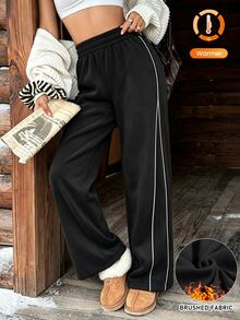 StreetHx Women's Autumn/Winter Sports Long Pants, Sparkly Black Loose Fit Double-Sided Fleece Fabric With Side Patchwork Contrast Color Stripes, Straight Leg - Black - View 6
