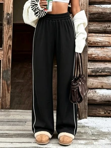 StreetHx Women's Autumn/Winter Sports Long Pants, Sparkly Black Loose Fit Double-Sided Fleece Fabric With Side Patchwork Contrast Color Stripes, Straight Leg - Black - View 5