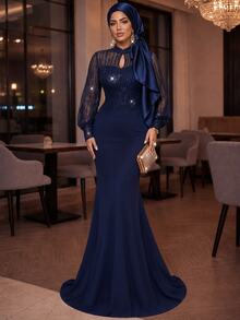 Auveirra Plus Size Elegant Romantic Blue Teardrop Collar Puff Sleeve Luxury Sequin Patchwork Knit Fabric Waist Applique Mermaid Hem Dress, Suitable For Wedding, Party, Celebration, Mother Of The Bride Gown, Valentine's Day - Navy Blue - View 4