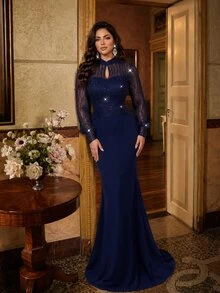 Auveirra Plus Size Elegant Romantic Blue Teardrop Collar Puff Sleeve Luxury Sequin Patchwork Knit Fabric Waist Applique Mermaid Hem Dress, Suitable For Wedding, Party, Celebration, Mother Of The Bride Gown, Valentine's Day - Navy Blue - View 3