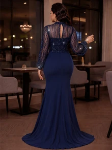 Auveirra Plus Size Elegant Romantic Blue Teardrop Collar Puff Sleeve Luxury Sequin Patchwork Knit Fabric Waist Applique Mermaid Hem Dress, Suitable For Wedding, Party, Celebration, Mother Of The Bride Gown, Valentine's Day - Navy Blue - View 2