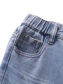 SHEIN 青少年男孩牛仔休閒街頭風日常都市街頭風彈性腰頭破洞直筒寬腿牛仔褲 假期度假 水藍色 - 淺色水洗藍 - 查看 3