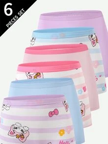 SHEIN 6pcs Girls Cute Playful Happy Cartoon Baby Blue Baby Pink Print Dancing Rabbit Cat Print Cotton Boxer Briefs Winter - Multicolor - View 6