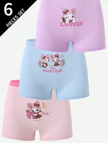 SHEIN 6pcs Girls Cute Playful Happy Cartoon Baby Blue Baby Pink Print Dancing Rabbit Cat Print Cotton Boxer Briefs Winter - Multicolor - View 7