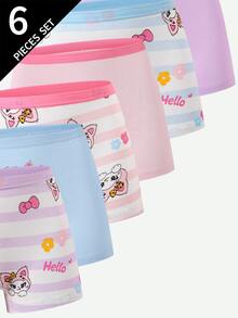 SHEIN 6pcs Girls Cute Playful Happy Cartoon Baby Blue Baby Pink Print Dancing Rabbit Cat Print Cotton Boxer Briefs Winter - Multicolor - View 5