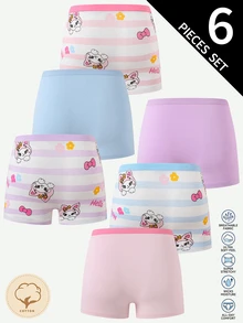 SHEIN 6pcs Girls Cute Playful Happy Cartoon Baby Blue Baby Pink Print Dancing Rabbit Cat Print Cotton Boxer Briefs Winter - Multicolor - View 2