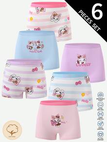 SHEIN 6pcs Girls Cute Playful Happy Cartoon Baby Blue Baby Pink Print Dancing Rabbit Cat Print Cotton Boxer Briefs Winter - Multicolor - View 1