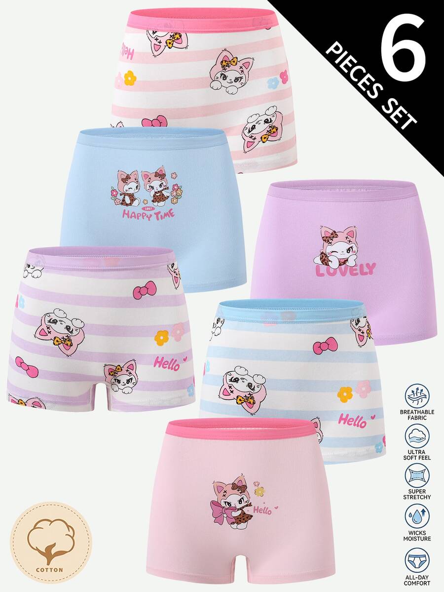 SHEIN 6pcs Girls Cute Playful Happy Cartoon Baby Blue Baby Pink Print Dancing Rabbit Cat Print Cotton Boxer Briefs Winter - Multicolor - View 1