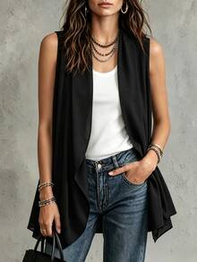Franclia Sleeveless Asymmetric Hem Front Open Lightweight Vest - Black - View 3