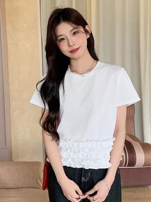 DAZY 女士荷叶边纯色圆领休闲短袖T恤 夏季 - 白色 - 查看 3
