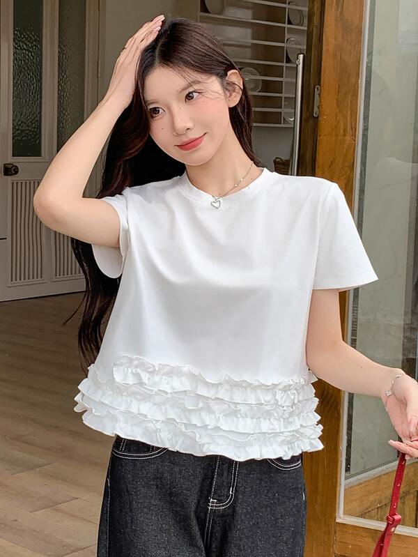 DAZY 女士荷叶边纯色圆领休闲短袖T恤 夏季