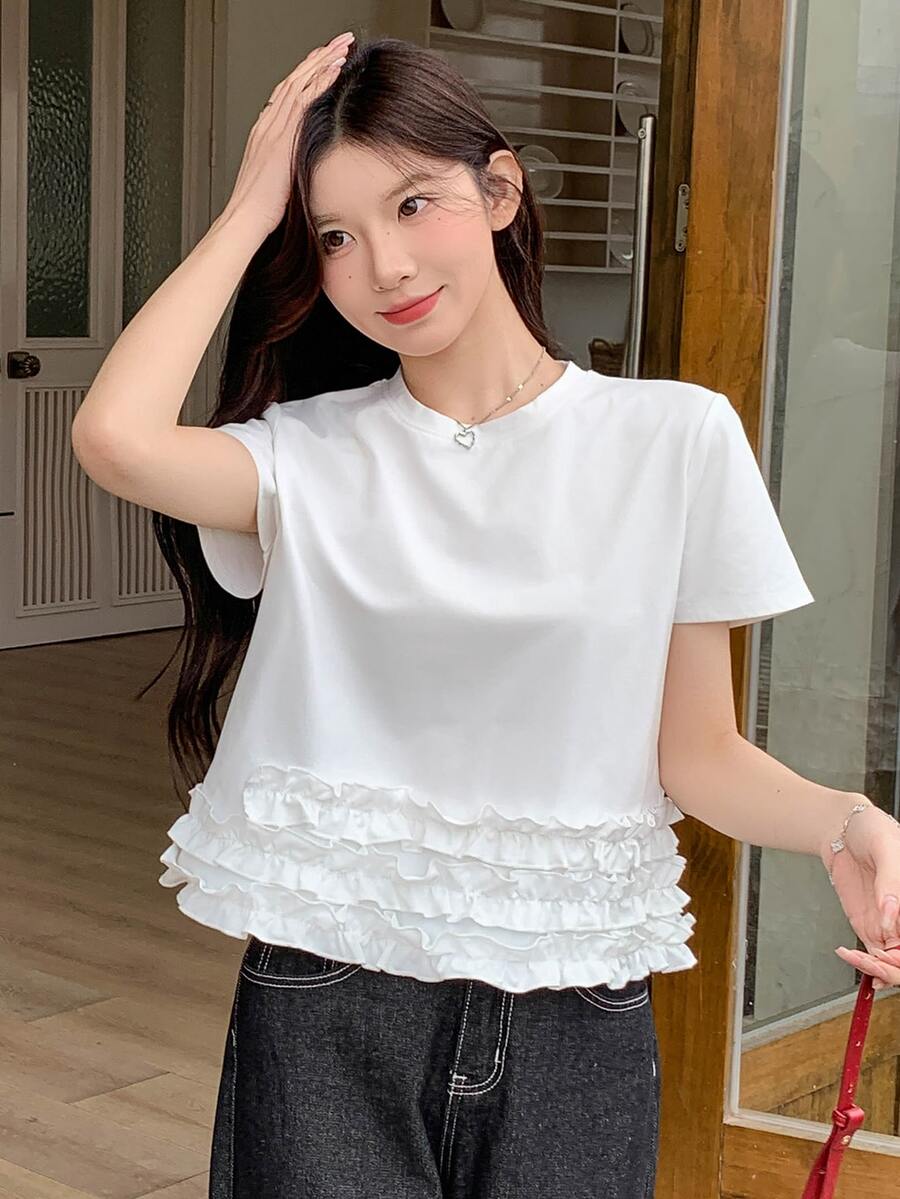 DAZY 女士荷叶边纯色圆领休闲短袖T恤 夏季 - 白色 - 查看 1