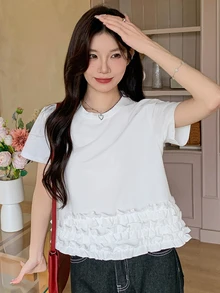 DAZY 女士荷叶边纯色圆领休闲短袖T恤 夏季 - 白色 - 查看 6