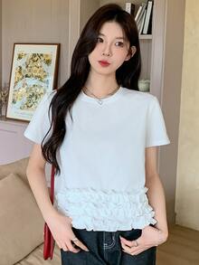 DAZY 女士荷叶边纯色圆领休闲短袖T恤 夏季 - 白色 - 查看 2