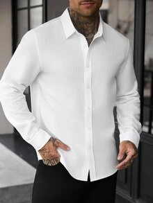 Manfinity CasualCool 男士長袖襯衫，紋理棉質長袖上衣，休閒日常通勤穿搭 - 白色 - 查看 7