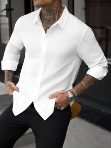 Manfinity CasualCool 男士長袖襯衫，紋理棉質長袖上衣，休閒日常通勤穿搭 - 白色 - 查看 4