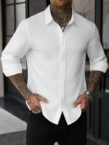 Manfinity CasualCool 男士長袖襯衫，紋理棉質長袖上衣，休閒日常通勤穿搭 - 白色 - 查看 5