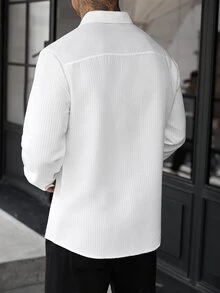 Manfinity CasualCool 男士長袖襯衫，紋理棉質長袖上衣，休閒日常通勤穿搭 - 白色 - 查看 2