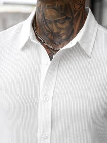 Manfinity CasualCool 男士長袖襯衫，紋理棉質長袖上衣，休閒日常通勤穿搭 - 白色 - 查看 3