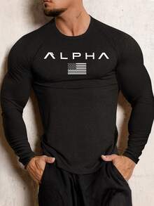Gym Rark Men's Letter & American Flag Print Raglan Long Sleeve Sports T-Shirt - Black - View 1