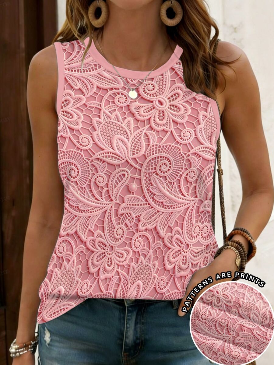Calvaya Plus Size Lace Pattern Print Casual Minimalist Tank Top - Multicolor - View 1