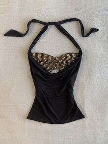 IslaSuriya Women's Patchwork Sequin Pleated Fashion Halter Neck Top - Black - View 3