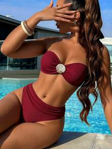Swim Vcay 女款兩件式比基尼泳衣套裝，純色提花面料平口上衣配後綁帶與可拆卸細肩帶，高腰短褲飾金屬貝殼裝飾，休閒海灘泳裝 - 紅色 - 查看 2
