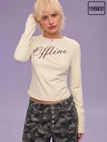 COUREZ Fitted Long Sleeve Graphic Tee Autumn For Women / Y2K Clothes Women Outfits Club Outfits For Women Rave Fall Tops Cute Tops Outfits For Women - Yellow - View 5