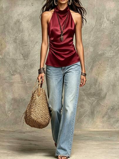 Franclia Blusa elegante de verano con cuello halter, drapeado y ajuste ceñido de unicolor para mujer