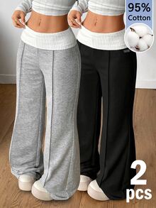 Coolane Damen 95% Baumwolle Jogginghose 2 Pack (Schwarz & Grau), Y2K, süß, Zuhause, Retro, Soft Girl, Sport, Yoga - Verschiedenfarbig - Übersicht 1