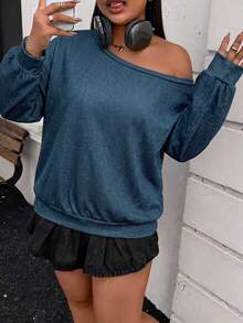 DrmWander Regular Plus Size Women's Light Blue Asymmetrical Shoulder Sweatshirt Fall - Multicolor - View 3