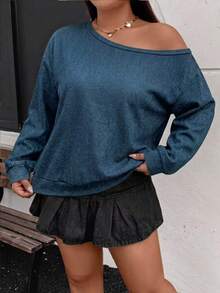 DrmWander Regular Plus Size Women's Light Blue Asymmetrical Shoulder Sweatshirt Fall - Multicolor - View 4