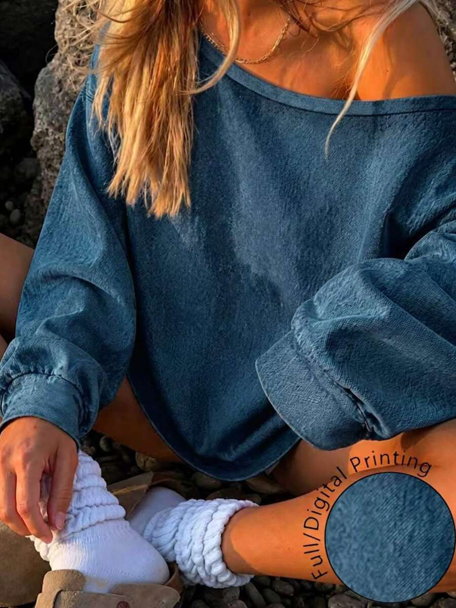 DrmWander Regular Plus Size Women's Light Blue Asymmetrical Shoulder Sweatshirt Fall - Multicolor - View 1