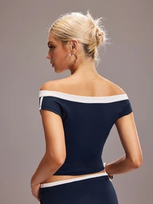 Y2Kool NEARLY THERE Navy Blue Contrast Off-Shoulder Y2K Sporty Casual Top Spring/Summer Parties Workout Holidays Beach Trips Music Festivals Daily Wear - Navy Blue - View 3