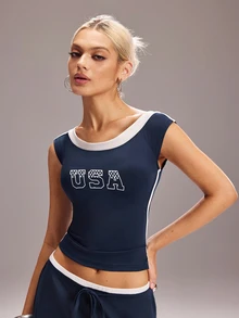 Y2Kool NEARLY THERE Navy Blue Contrast Off-Shoulder Y2K Sporty Casual Top Spring/Summer Parties Workout Holidays Beach Trips Music Festivals Daily Wear - Navy Blue - View 5