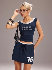 Y2Kool NEARLY THERE Navy Blue Contrast Off-Shoulder Y2K Sporty Casual Top Spring/Summer Parties Workout Holidays Beach Trips Music Festivals Daily Wear - Navy Blue - View 4