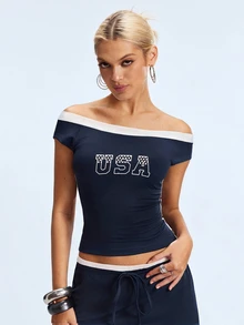Y2Kool NEARLY THERE Navy Blue Contrast Off-Shoulder Y2K Sporty Casual Top Spring/Summer Parties Workout Holidays Beach Trips Music Festivals Daily Wear - Navy Blue - View 2