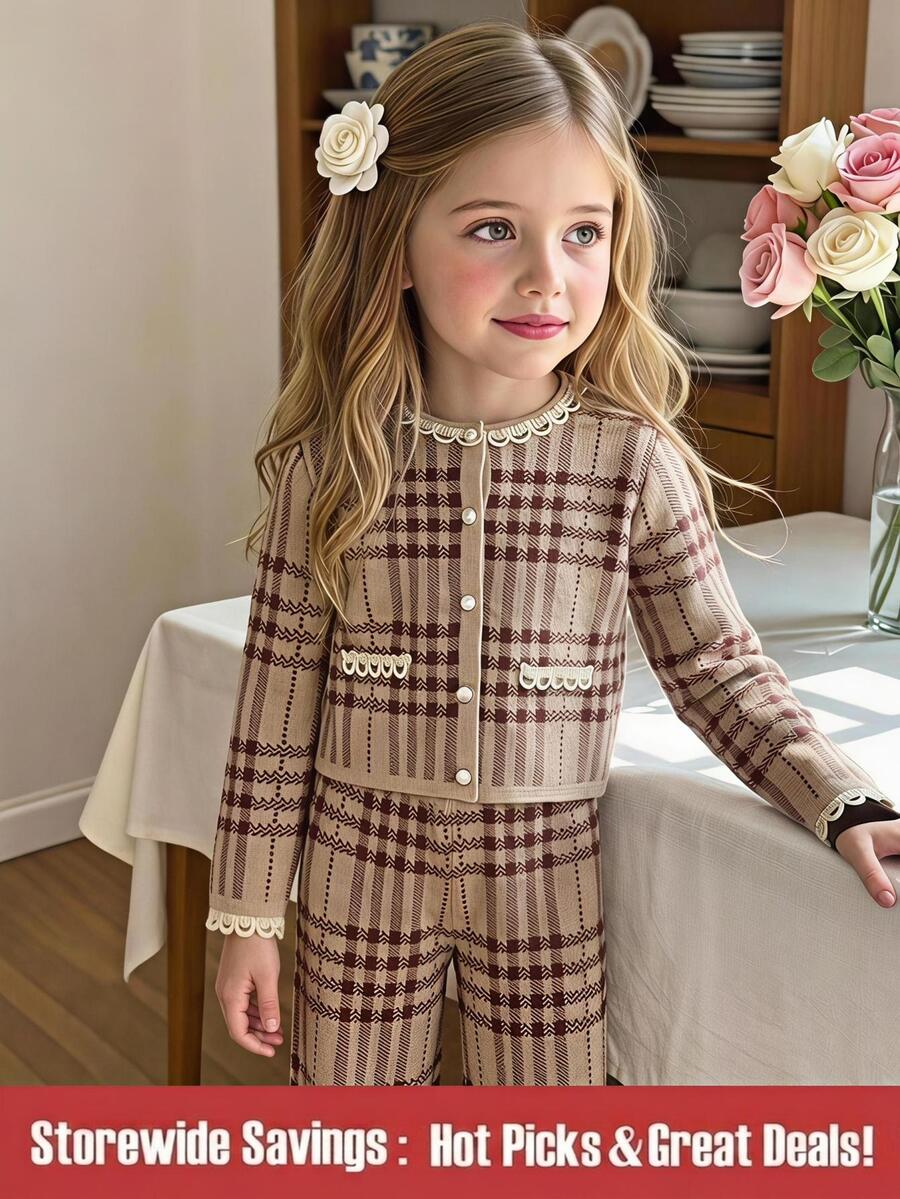 Girls Knitted Long Sleeve Sweater Casual 80s Plaid 2pcs Set For Autumn School Back-To-School Vintage Cardigan Ribbed Pants Suit For Young Girls Brown - Khaki - View 1