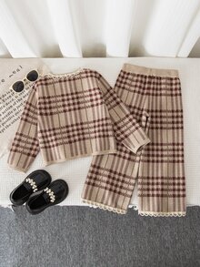 Girls Knitted Long Sleeve Sweater Casual 80s Plaid 2pcs Set For Autumn School Back-To-School Vintage Cardigan Ribbed Pants Suit For Young Girls Brown - Khaki - View 2