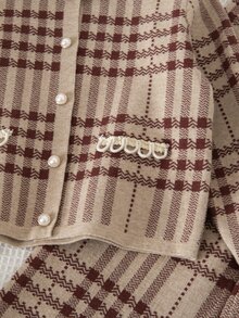 Girls Knitted Long Sleeve Sweater Casual 80s Plaid 2pcs Set For Autumn School Back-To-School Vintage Cardigan Ribbed Pants Suit For Young Girls Brown - Khaki - View 5