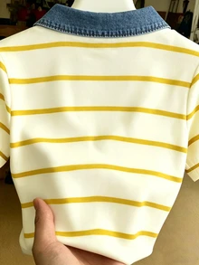 Resyla 大尺碼上衣 牛仔效果領 對比色條紋 Polo 領 休閒風 溫柔提亮 - 彩色 - 查看 2