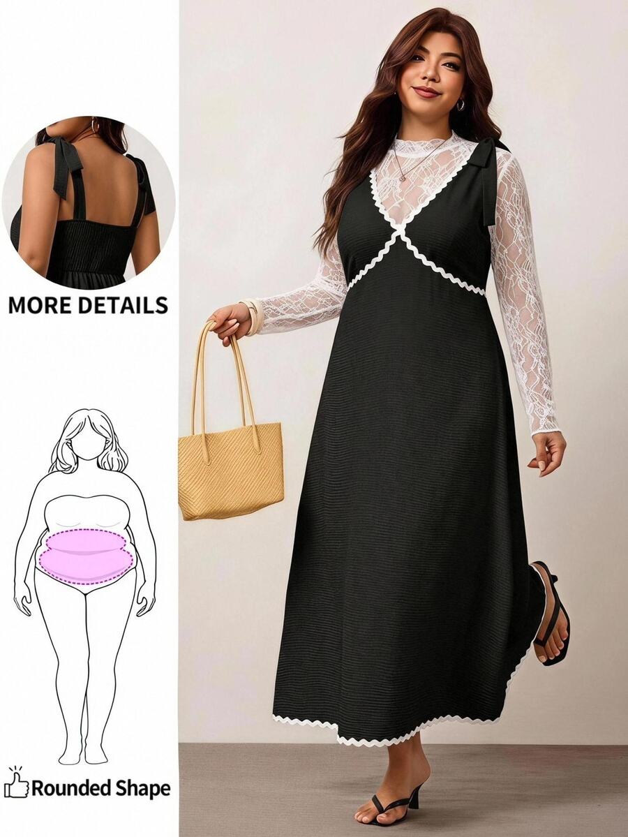Enliva Plus Size Sleeveless Color Block Midi Dress For Women, Casual Elegant Dresses For Women, Fall Clothes, Apple Rounded Body Shape - Black - View 1