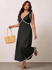 Enliva Plus Size Sleeveless Color Block Midi Dress For Women, Casual Elegant Dresses For Women, Fall Clothes, Apple Rounded Body Shape - Black - View 4