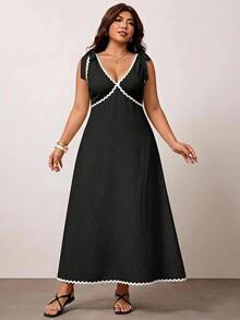 Enliva Plus Size Sleeveless Color Block Midi Dress For Women, Casual Elegant Dresses For Women, Fall Clothes, Apple Rounded Body Shape - Black - View 3
